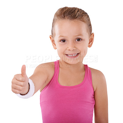 Buy stock photo Child, girl and thumbs up in portrait, agreement or vote, like emoji and hand gesture on white background. Happy with smile, review or support with okay, thank you and youth with success in studio