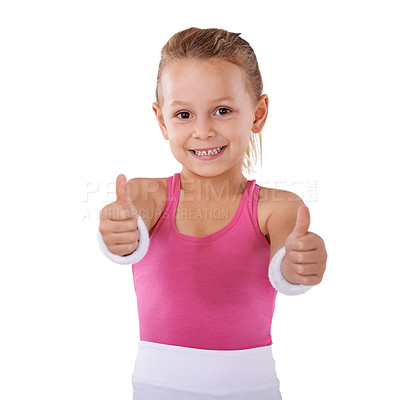 Buy stock photo Child, sports and thumbs up in portrait, agreement vote or hand gesture for like on white background. Smile, review or happy kid with okay, thank you or good feedback for support or fitness in studio