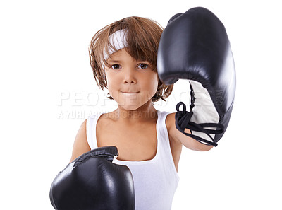 Buy stock photo Boxing, fist and portrait of child in fight with courage and learning martial arts in white background. Challenge, boxer or kid with training in self defense, exercise or practice with gear in studio