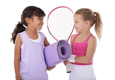 Buy stock photo Tennis, happy and children on a white background for sports training, workout and exercise. Fitness, friends and isolated young kids with yoga mat, racket and gym equipment for hobby in studio