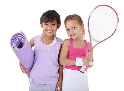 Buy stock photo Tennis, yoga and portrait of children on a white background for training, workout and exercise. Fitness, friends and isolated young kids with gym mat, racket and sports equipment for hobby in studio