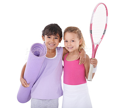 Buy stock photo Tennis, sports and portrait of kids hug on a white background for training, workout and exercise. Fitness, happy friends and isolated children with yoga mat, racket and equipment for hobby in studio