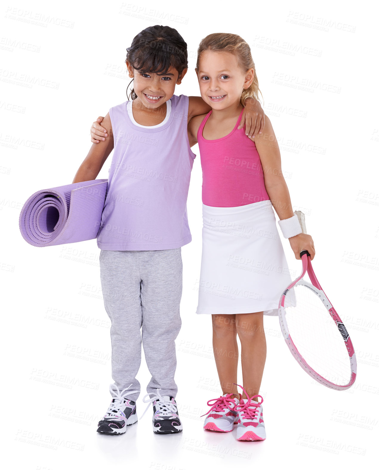 Buy stock photo Tennis, sports and portrait of kids hug on a white background for training, workout and exercise. Fitness, happy and isolated young children with racket, yoga mat and equipment for wellness in studio