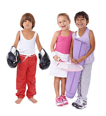 Buy stock photo Portrait, sports and fitness with children friends in studio isolated on white background for exercise or training. Health, wellness and kids together for tennis game, yoga or boxing workout