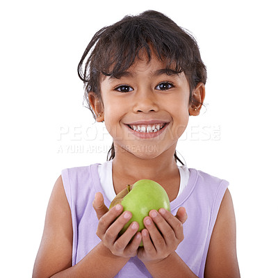 Buy stock photo Portrait, apple or happy child in studio with nutrition, wellness or healthy diet isolated on white background. Food, fiber or face of a young girl giving natural fruits for vitamin c with smile