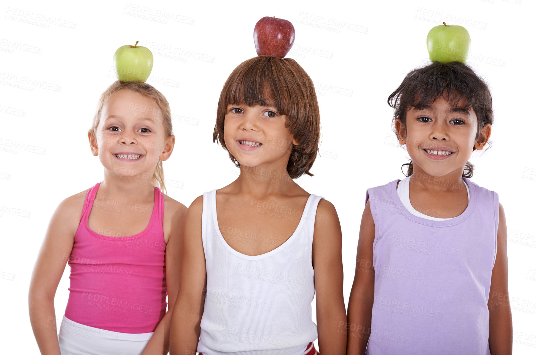 Buy stock photo Portrait, apple or happy kids in studio with nutrition, wellness or healthy diet isolated on white background. Head, balance or group of a young children with natural fruits for vitamin c with smile