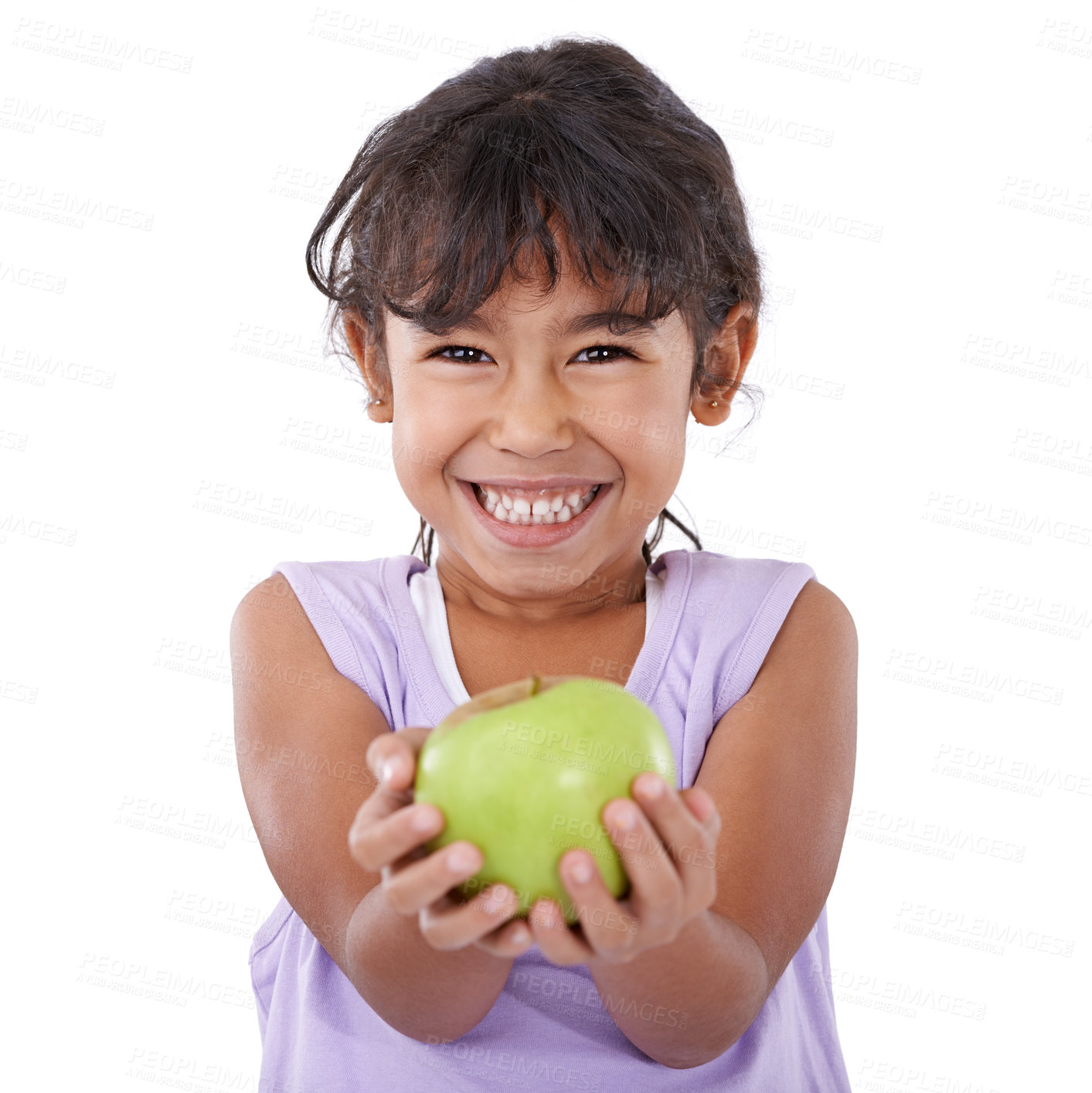 Buy stock photo Portrait of an adorable little girl smiling and holding an apple