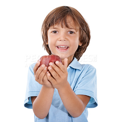 Buy stock photo Boy, child and apple portrait for health and nutrition with vegan snack for wellness on white background. Organic fruit, healthy food and eating for vitamin c, benefits and youth smile in studio 