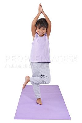 Buy stock photo Girl, child and yoga with balance and health in studio for wellness, zen and flexibility on white background. Happy kid in portrait, exercise mat and fitness, holistic healing and peace with workout