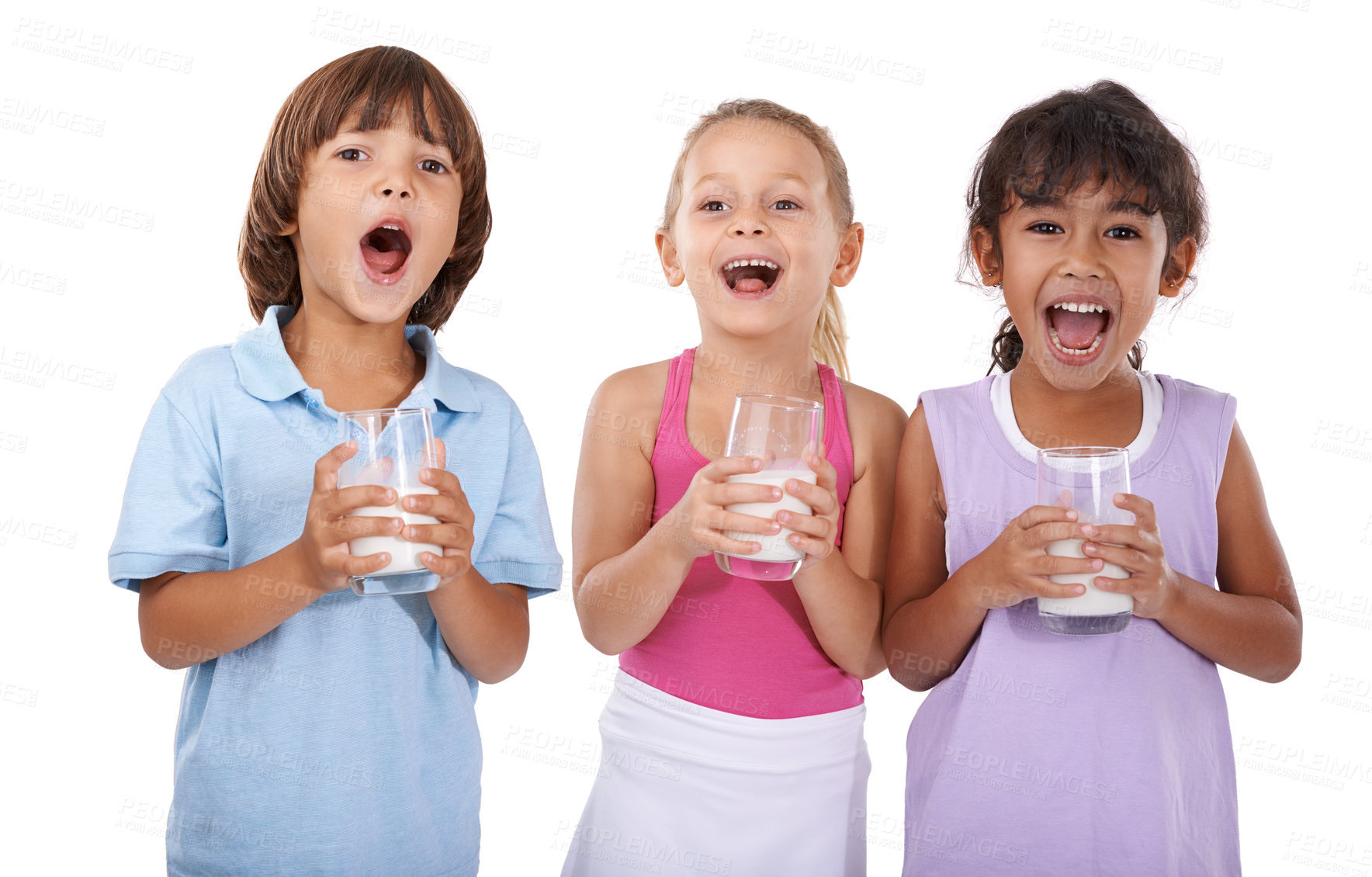 Buy stock photo Happy, children and portrait with milk in glasses for nutrition, health and energy in white background of studio. Calcium, drink and kids smile with dairy, protein and benefits in diet for growth