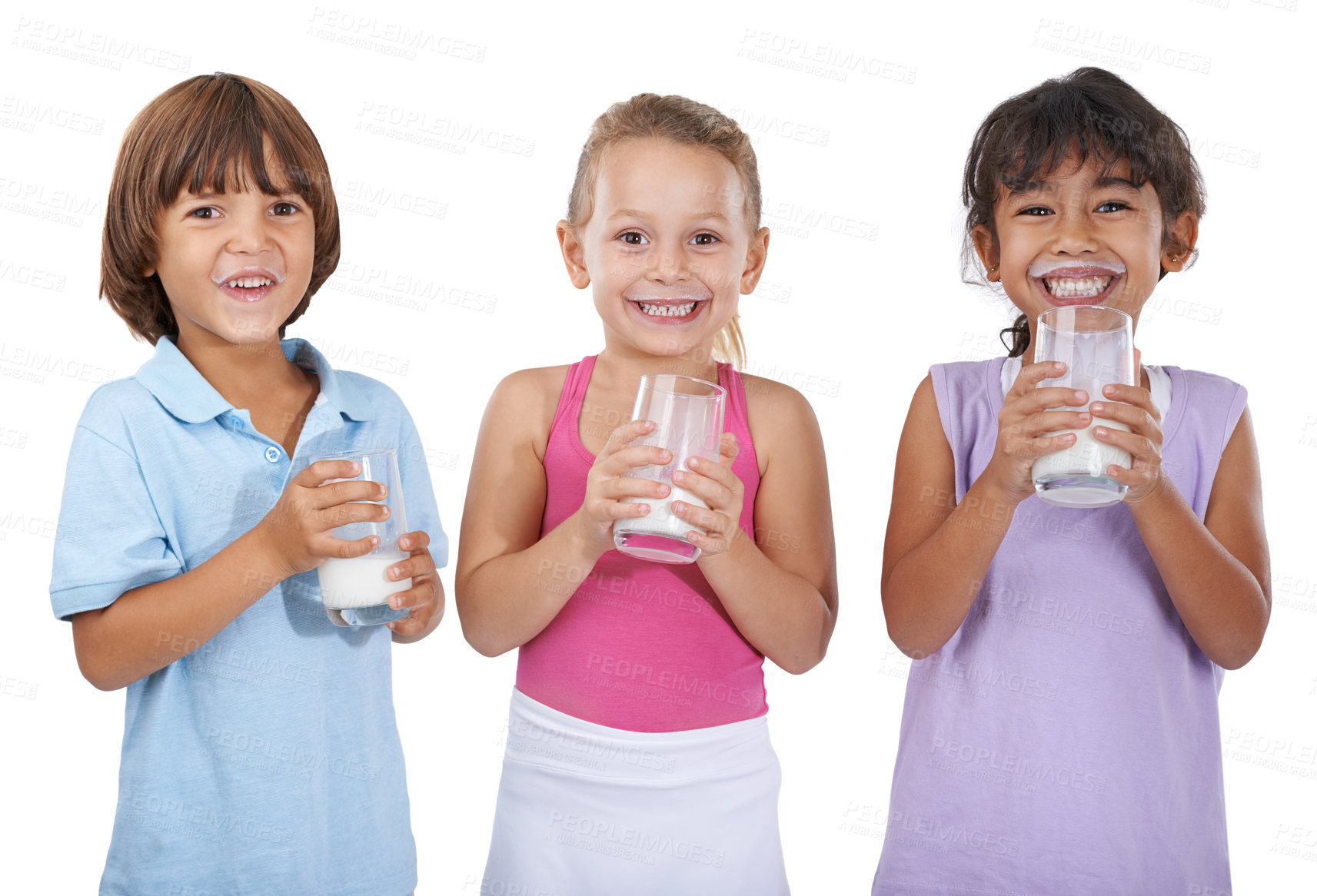 Buy stock photo A group of three young children holding glasses of milk