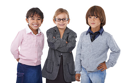 Buy stock photo Portrait, children with formal clothes and friends in studio isolated on white background to imagine career. Smile, work or job with boy and girl kids in business suit clothing for profession