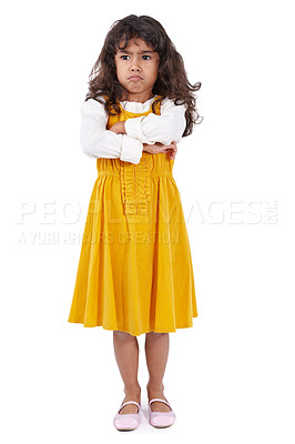 Buy stock photo Girl, kid and angry with arms crossed, mad and expression isolated on a white studio background. Model, mockup space and child with emoji and upset with reaction, unhappy and frustrated with decision