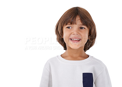 Buy stock photo Smile, happy and face of child on a white background with trendy clothes, style and fashion. Mockup space, facial expression and isolated young kid with pride, happiness and confidence in studio