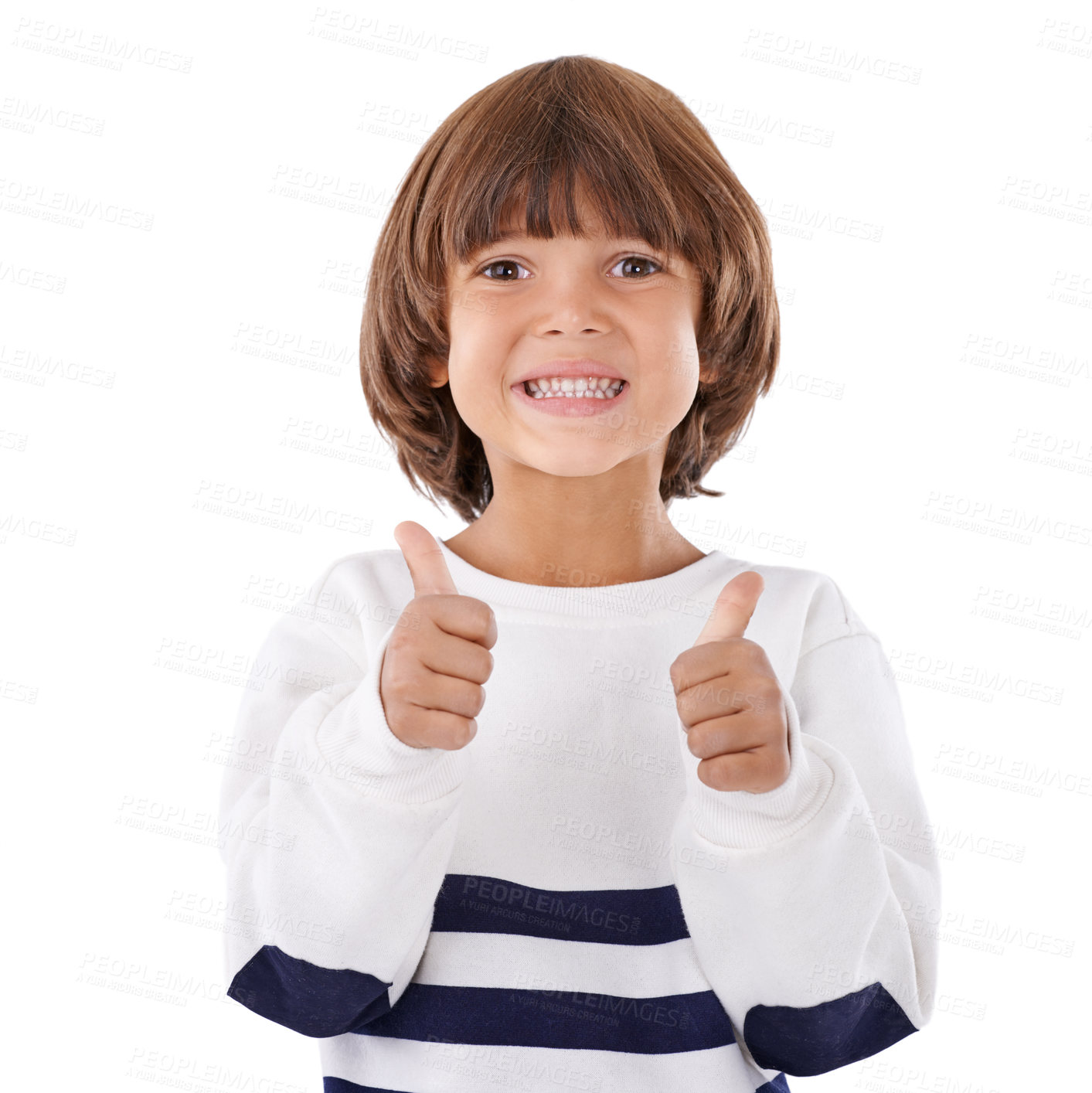 Buy stock photo Thumbs up, happy and portrait of child on a white background for success, good news and approve. Emoji, thank you and isolated young kid with hand gesture for agreement, yes and like sign in studio