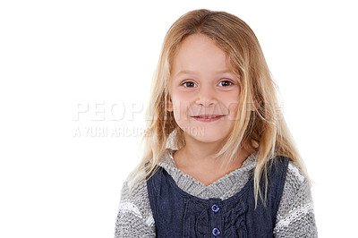Buy stock photo Smile, happy and portrait of girl on a white background with trendy clothes, style and fashion. Childhood, facial expression and isolated young kid with youth, happiness and confidence in studio