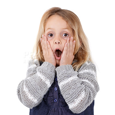 Buy stock photo Portrait, surprise or shocked child with mistake, wow or omg facial expression on isolated white background. Kid, oops or face of a young girl amazed by gossip, news or sale in studio announcement