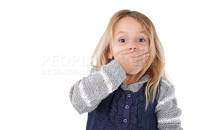 Buy stock photo Portrait, girl and kid cover mouth, surprise and expression isolated on a white studio background. Model, mockup space and child with announcement and shocked with reaction and wow with omg or secret