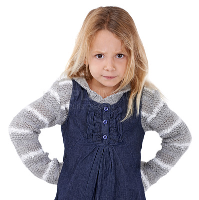Buy stock photo Portrait, angry and girl with expression, kid and emotion isolated on white studio background. Mockup space, model and child with reaction and frustrated with emoji and cross with attitude or tantrum