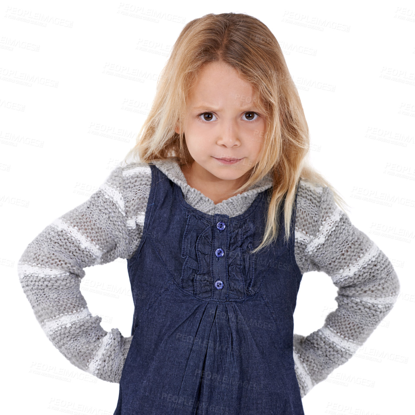 Buy stock photo Portrait, angry and girl with expression, kid and emotion isolated on white studio background. Mockup space, model and child with reaction and frustrated with emoji and cross with attitude or tantrum