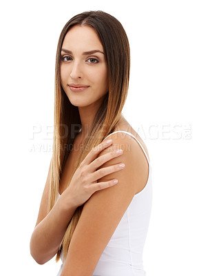 Buy stock photo Woman, straight hair and beauty in portrait at studio isolated on a white background. Face, natural hairstyle or young model in cosmetics, care at hairdresser salon treatment or skincare glow of body