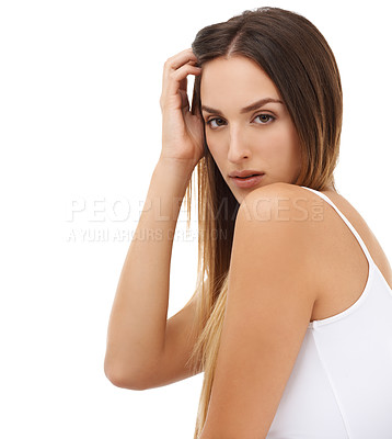 Buy stock photo Woman, straight hair touch and natural beauty in portrait isolated on a white studio background. Face, hairstyle or confident model in cosmetics, care at hairdresser salon treatment or body skin glow