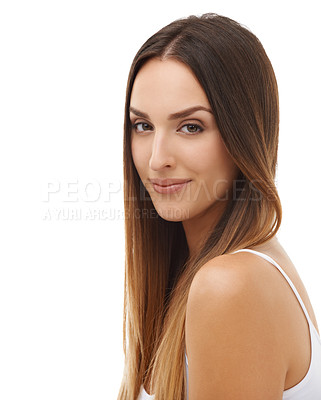 Buy stock photo Woman, hair care and natural beauty in portrait isolated on a white studio background. Face, hairstyle and young model in cosmetics, hairdresser salon treatment or healthy skincare on mockup space