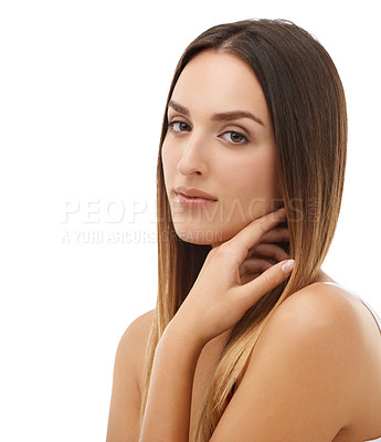 Buy stock photo Woman, hair care and touch for beauty in portrait isolated on a white studio background. Face, natural hairstyle and serious model in cosmetics, hairdresser salon treatment or healthy skin on mockup