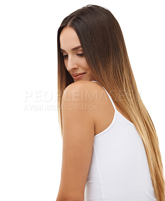 Buy stock photo Beauty, hair and happy with natural woman in studio isolated on white background for keratin treatment. Aesthetic, wellness and growth with young model at salon for shampoo, balayage or haircare
