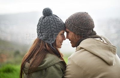 Buy stock photo Love, forehead touch and happy couple on nature journey, travel adventure or mountain climbing trip. Marriage, eye contact and face of people connect with care, support and bond in romantic moment