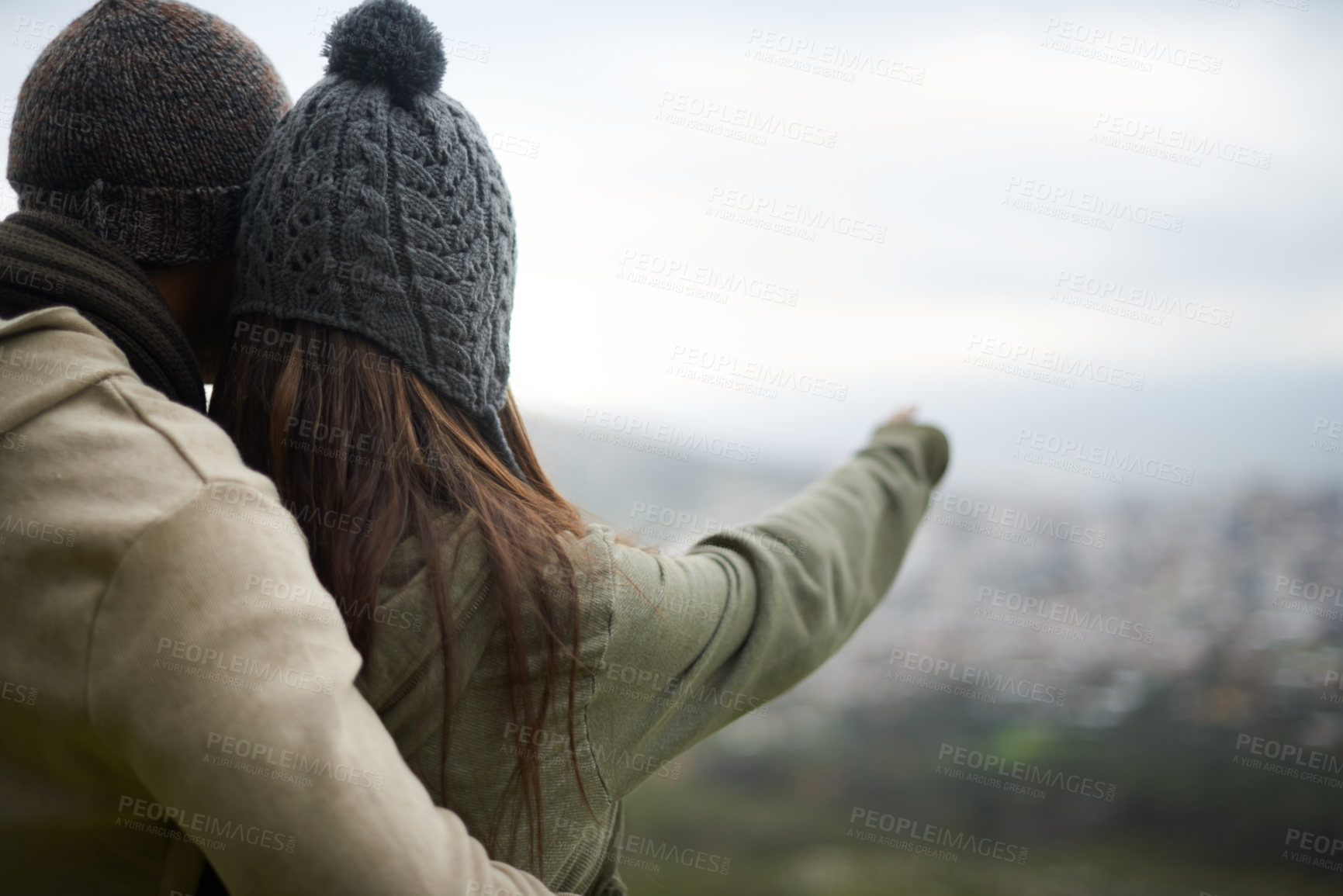 Buy stock photo Back, hiking and pointing with couple in nature together for love, dating or sightseeing. Travel, environment or view with man and woman on mountain peak for bonding on adventure, holiday or vacation