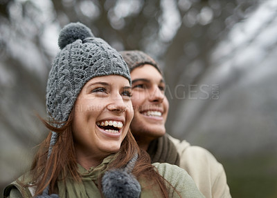 Buy stock photo Couple, forest and happy on hiking vacation in outdoors, love and bonding in relationship for connection. People, journey and travel for exploring adventure, park and security in marriage on mountain