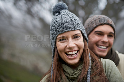 Buy stock photo Couple, portrait and smile outdoor with travel for bonding, love and relationship with mockup or holiday. Man, woman and face with embrace or happy on vacation, trip or carefree with romance and care