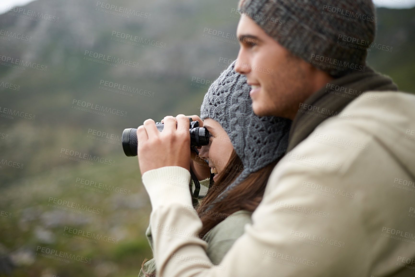 Buy stock photo Binoculars, nature and couple on mountains for journey, adventure and hiking or explore on carbon footprint travel. Love with man and woman in outdoor gear for birdwatching, winter tourism and search