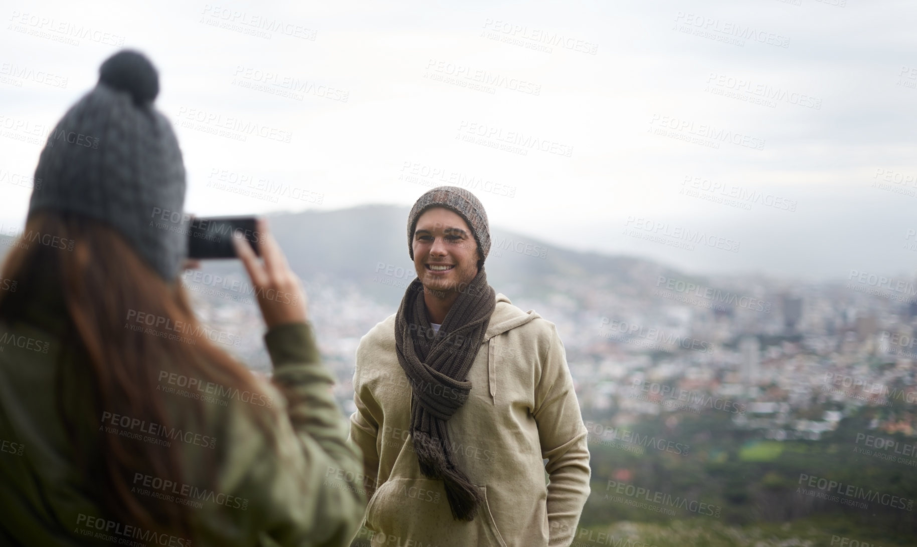 Buy stock photo Happy man, couple and phone photo of nature on hiking memory, trekking adventure or journey on mountain trip. Cellphone, travel photography and outdoor people post profile picture to social media app