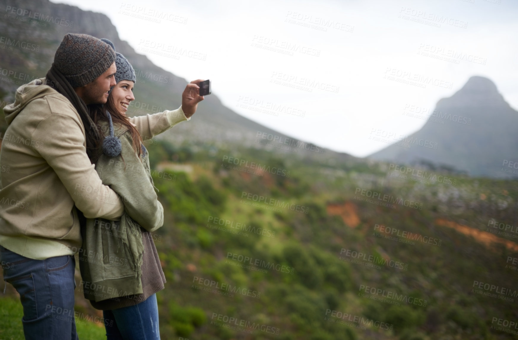 Buy stock photo Couple, hiking selfie and mountains for travel, journey and adventure with photography and mock up space. Happy people with love, hug and profile picture for trekking in winter and nature tourism