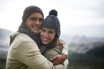 Buy stock photo Couple, portrait and happy outdoor with hug for bonding, love and relationship with travel or holiday. Man, woman and face with embrace or smile on vacation, trip and carefree with romance and care