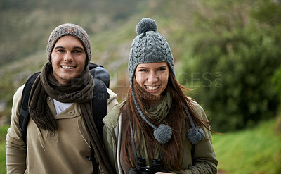 Buy stock photo Couple, portrait and hiking in forest or nature for travel, adventure or holiday for experience or fitness. Man, woman or trekking outdoor in woods for cardio, exercise or workout with care or winter