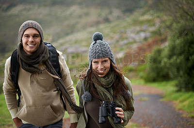 Buy stock photo Couple, portrait and hiking on mountain or happy for travel, adventure or holiday for experience or fitness. Man, woman and trekking outdoor nn trail for cardio, exercise or workout with binocular