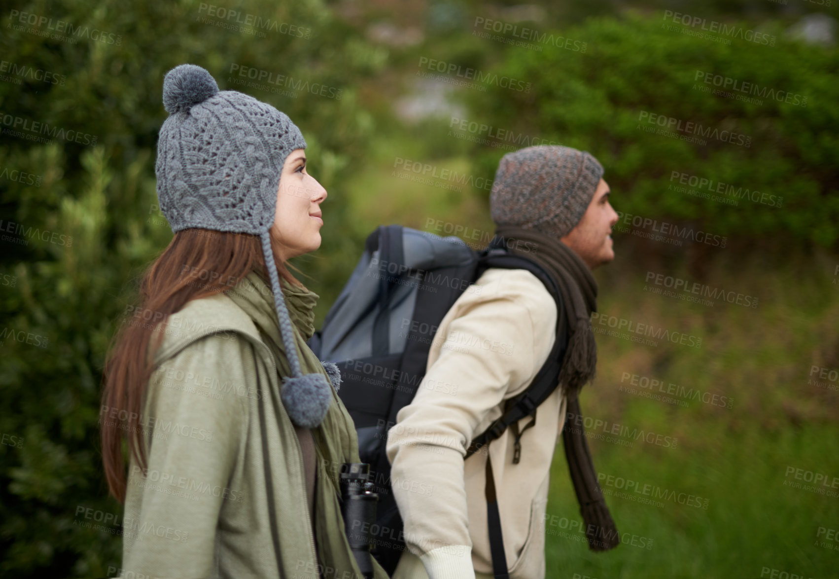 Buy stock photo Couple, happy and hiking in forest or nature with travel, adventure or holiday for experience or fitness. Man, woman or trekking outdoor in woods for cardio, exercise or workout with view or backpack