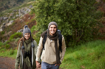 Buy stock photo Couple, portrait and hiking on mountain or holding hands with travel, adventure or holiday for experience or fitness. Man, woman or trekking outdoor on trail for cardio, exercise or workout with love