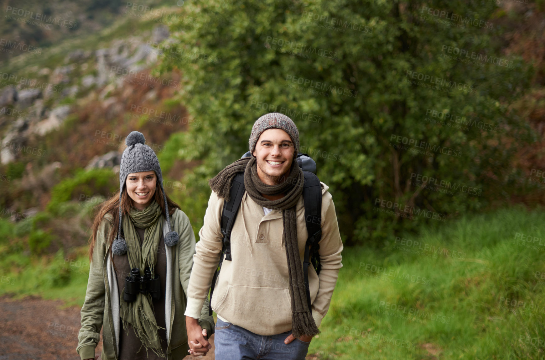 Buy stock photo Couple, portrait and hiking on mountain or holding hands with travel, adventure or holiday for experience or fitness. Man, woman or trekking outdoor on trail for cardio, exercise or workout with love