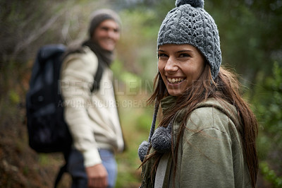 Buy stock photo Nature portrait, happy woman or couple on hiking journey, travel adventure or mountain climbing walk. Woods, love or face of girlfriend, wife or partner trekking for morning exercise in Canada forest