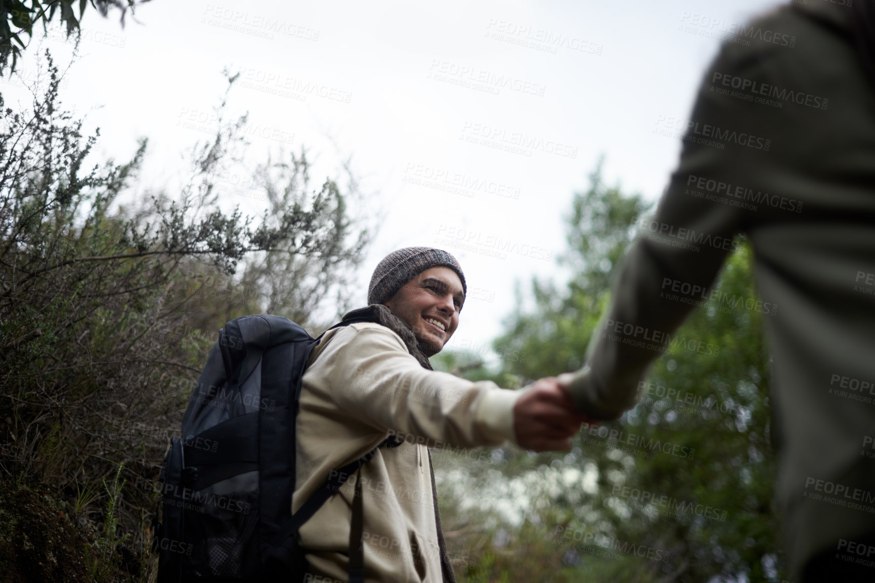 Buy stock photo Happy couple, holding hands or man walking on nature hiking journey, travel adventure or morning trip in jungle forest. Marriage, love or outdoor husband lead partner on trekking exploration in woods