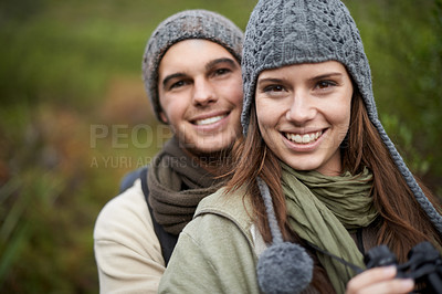 Buy stock photo Couple, portrait and happy outdoor with travel for bonding, love and relationship with hug or holiday. Man, woman and face with embrace or smile on vacation, trip and carefree with romance and care