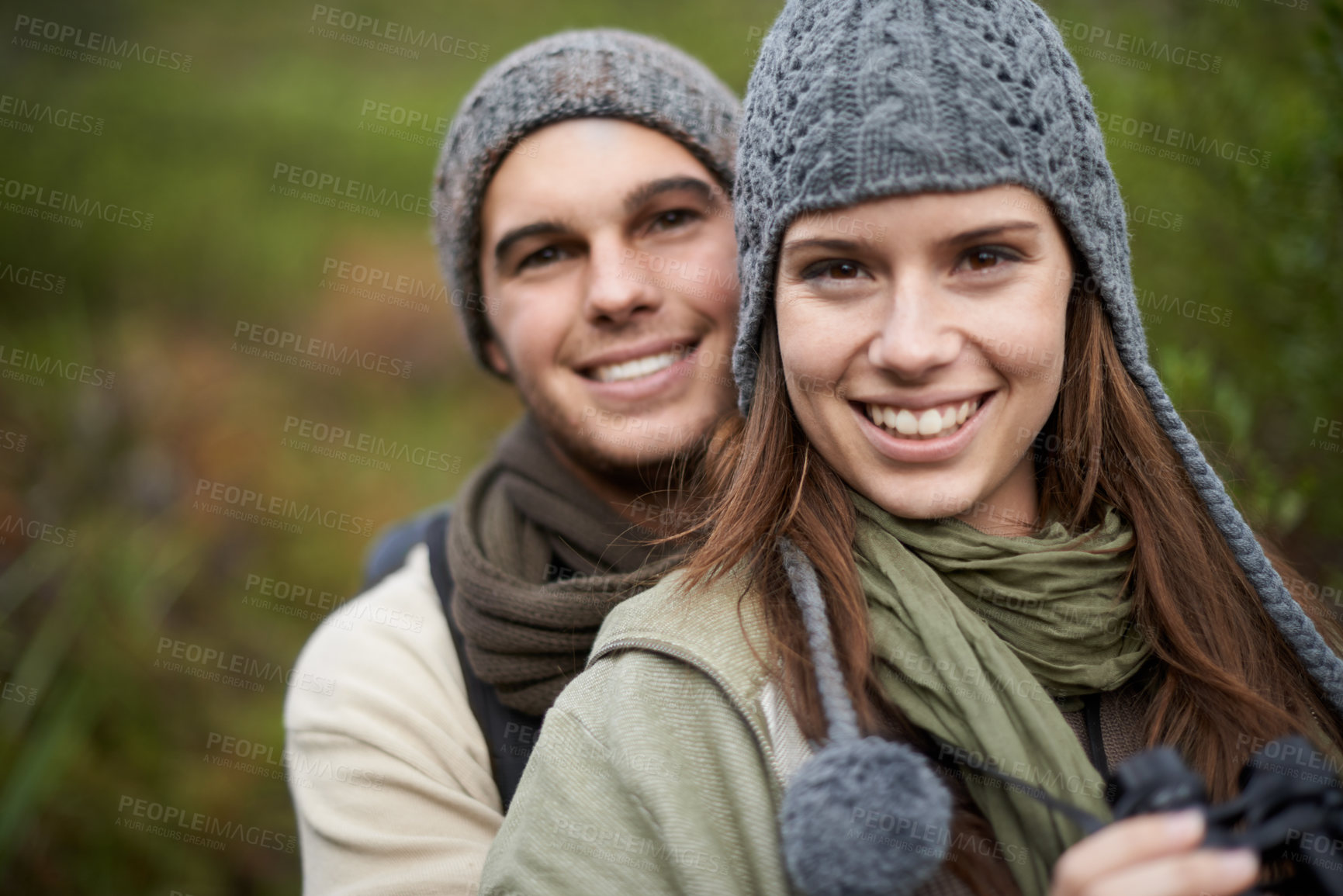 Buy stock photo Couple, portrait and happy outdoor with travel for bonding, love and relationship with hug or holiday. Man, woman and face with embrace or smile on vacation, trip and carefree with romance and care