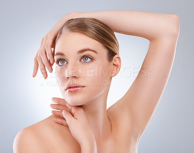 Buy stock photo Thinking, skincare and woman with wellness, dermatology and self care on a white studio background. Person, girl and model with beauty and grooming with makeup, treatment and shine with healthy skin