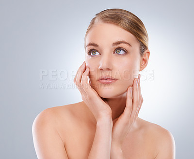 Buy stock photo Thinking, skincare and woman with shine, cosmetics and wellness on white studio background. Person, girl and model with dermatology or idea with beauty, treatment and self care with aesthetic or glow