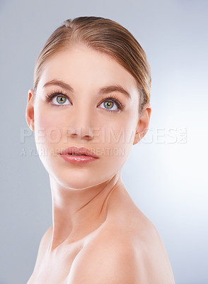 Buy stock photo Thinking, skincare and woman with makeup, dermatology and wellness on a white studio background. Person, glow and model with beauty and grooming with cosmetics, shine and self care with healthy skin