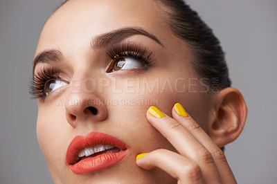 Buy stock photo Face, makeup and thinking with manicure of woman in studio isolated on gray background for cosmetology. Beauty, lipstick and cosmetics with confident young model closeup for luxury or cosmetic nails